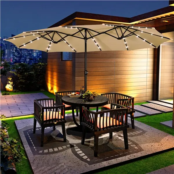 【 Tan & Navy Blue 】Yaheetech 13/15ft Patio Umbrella with Base – 3 Lighting Options (36 LEDs, Multi-Mode Color Strip, or No Light), Crank Lift & Vented Canopy