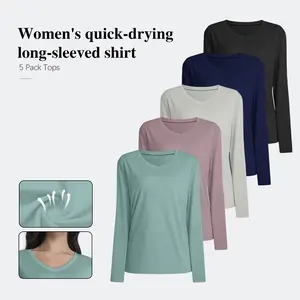 5 Packs Women V-Neck Long Sleeve Shirts Running UV Rash Guard Casual Tops Sun Protection Workout Hiking T Shirts For Women