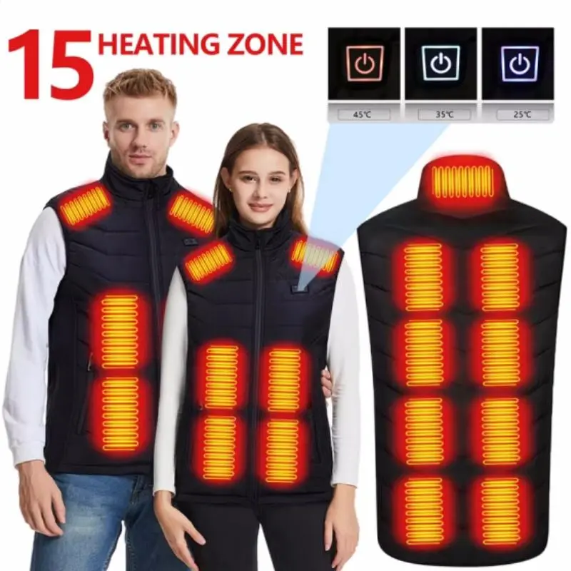 Unisex 15-Zone Electric Heated Vest, Sleeveless Water-Resistant Polyester Gilet with 3-Level USB Heat Control, Washable to Keep Warm, Anti Water Splashing, Machine Washable, L, 7Xl, 2Xl, 3Xl, 15-Zone Heated