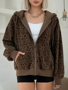 Street Fashion Casual Leopard Print Zipper Ribbed Patchwork Long Sleeve Hooded Jacket Loose Top Drop Shoulder Outerwear Womenswear