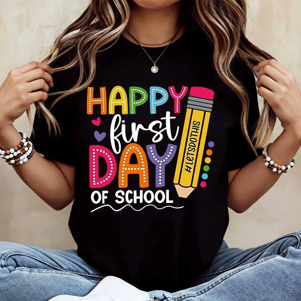 Happy Day Of School Print T Shirt Women Casual Short Sleeve Top Summer Fashion Graphic Tee For Students And Teachers