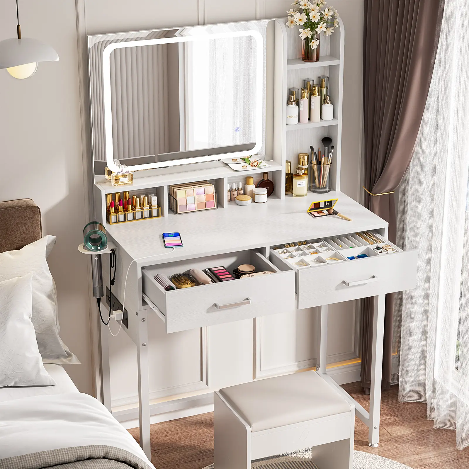 LED Vanity Desk with Mirror and Lights, 3-Color Adjustable Makeup Table, Spacious Storage Drawers, Open Compartment Design, Includes Hair Dryer Holder, Built-in Power Strip, Reversible Left/Right Installation, Easy Assembly, summergarden