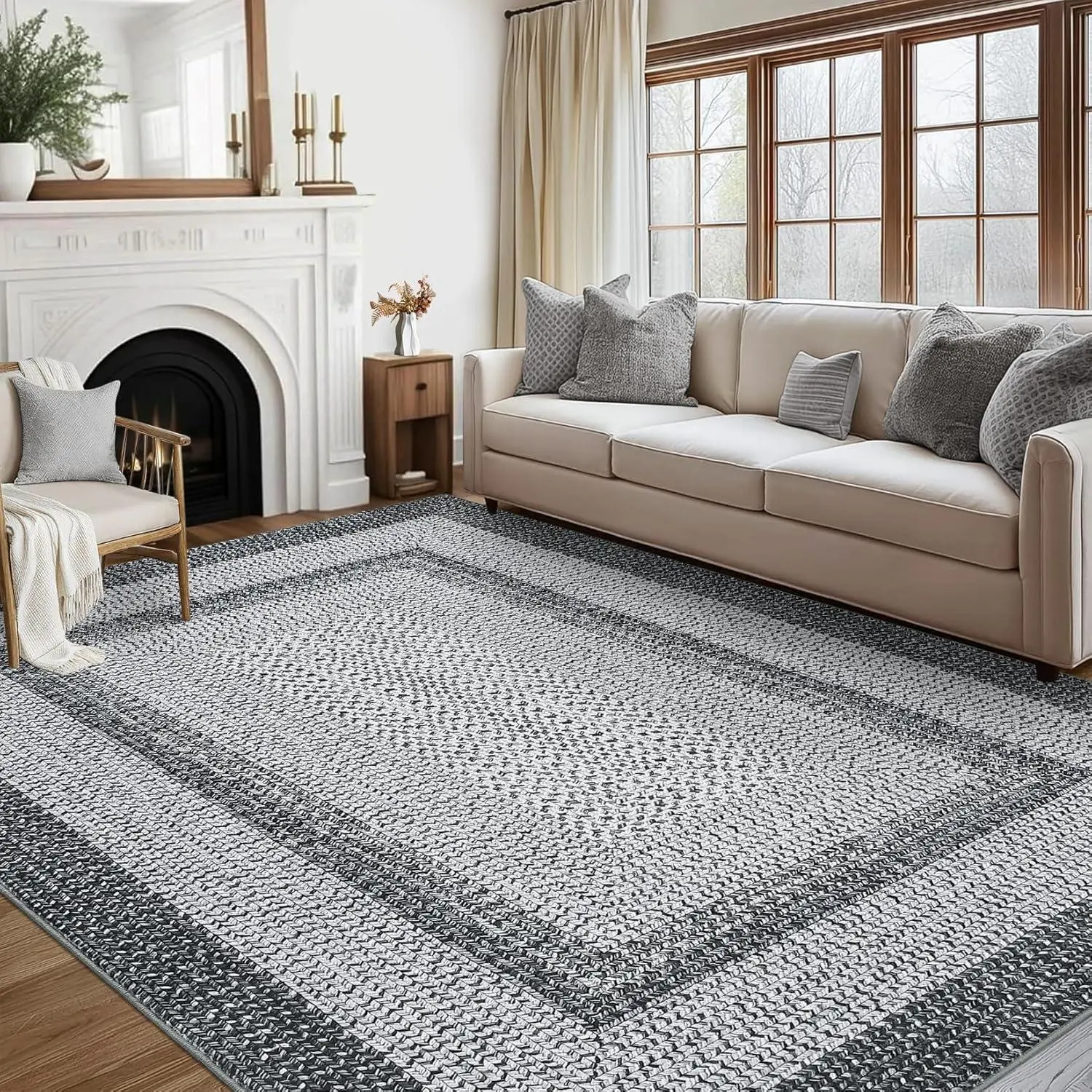 9*12ft(274*366cm) Area Rug Braided Print Washable Rug Large for Living Room, Non Slip Farmhouse Rustic Floor Carpet Accent Bedroom Modern Throw Floor Cover Border Carpet (Grey)