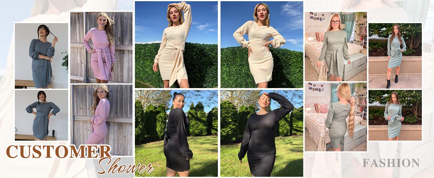 Women's Elegant Knit Dress Long Lantern Sleeve Fall Bodycon Crewneck Tie Waist Rib Knitted Sweater Dresses Basic Chic Minimalist Sizes run small Petite