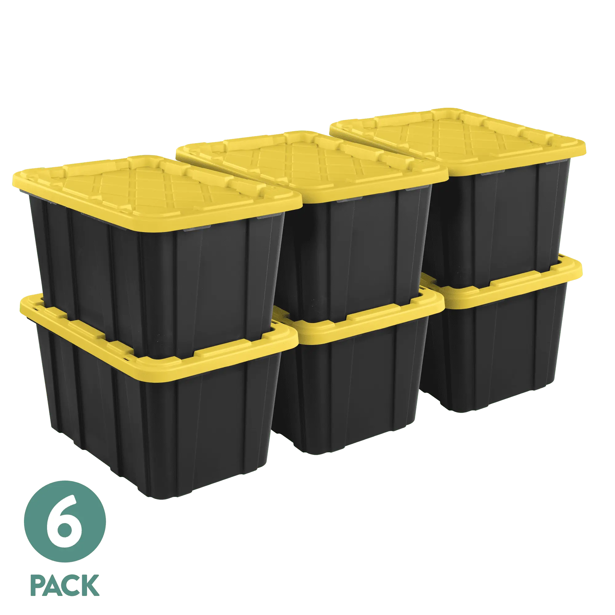 Sterilite Large Storage Bin, 27 Gallon Durable Plastic Storage Tote with Snap-On Lid, Black and Yellow ,6 Pack