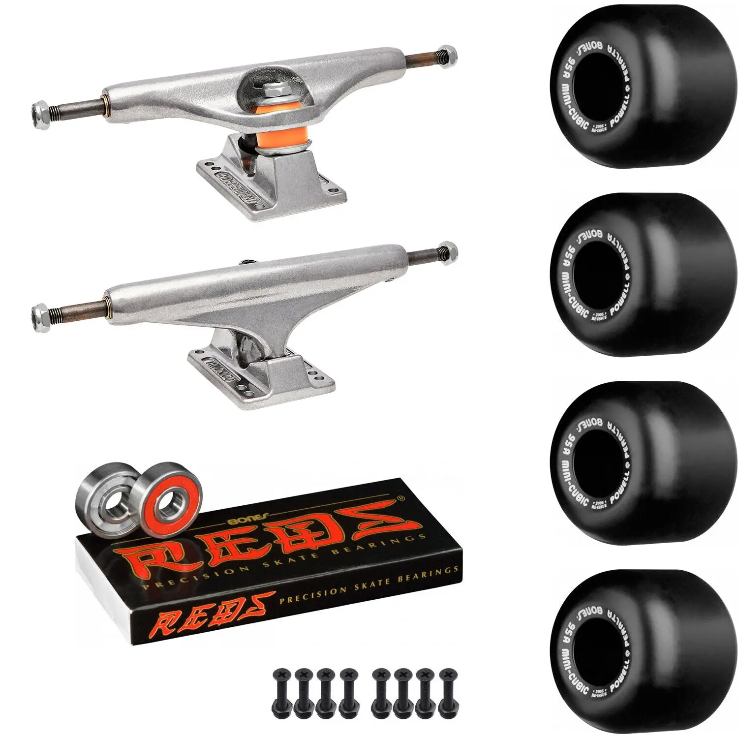 Independent Skateboard Package - 149 (8.5") Trucks, Powell Peralta Mini-Cubic Black Wheels, Amp 5 Bearings