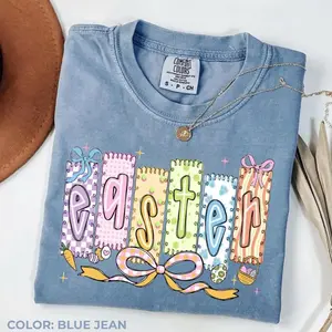 Comfort Colors Preppy Coquette Easter T-Shirt, Pastel Bow Graphic Tee with Soft-Washed Cotton Feel, Aesthetic Spring Holiday Shirt, Cute Happy Easter Apparel, Trendy Seasonal Top for Women and Men - HARSIN