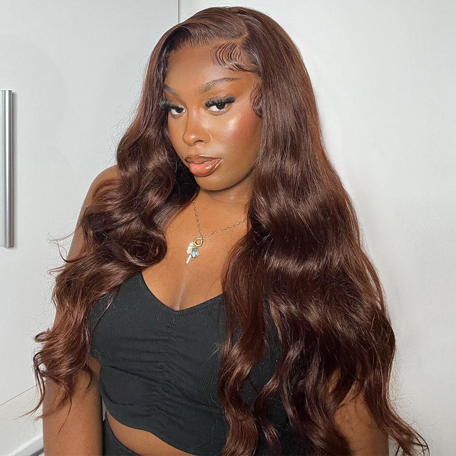 [Glueless Drawstring Wig] Pizazz Hair #4 Chocolate Brown Body Wave Lace Frontal Wigs 13x6 HD Transparent Ear to Ear Pre Cut Lace Skin Melted with Pre Plucked Natural Hair Line