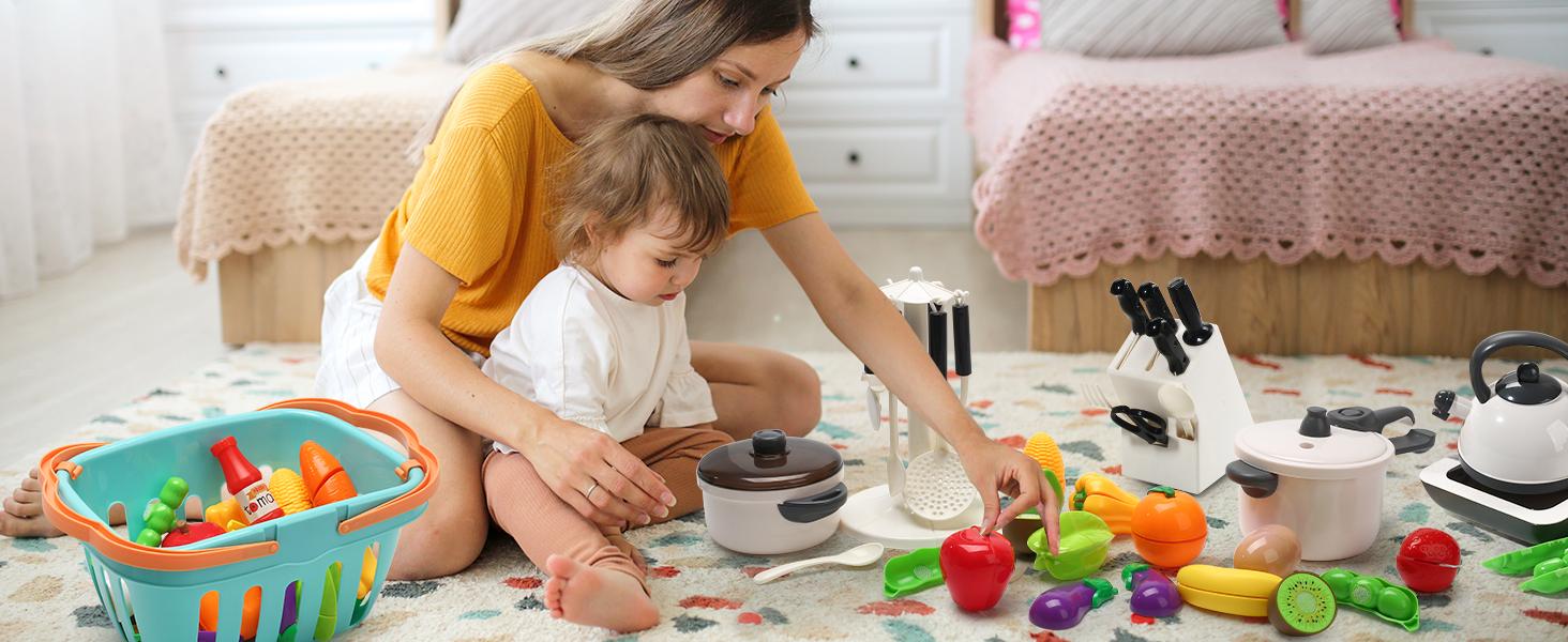 CUTE STONE Pretend Play Kitchen Toy with Cookware Steam Pressure Pot and Electronic Induction Cooktop, Cooking Utensils Cutting Food Fruits Vegetables