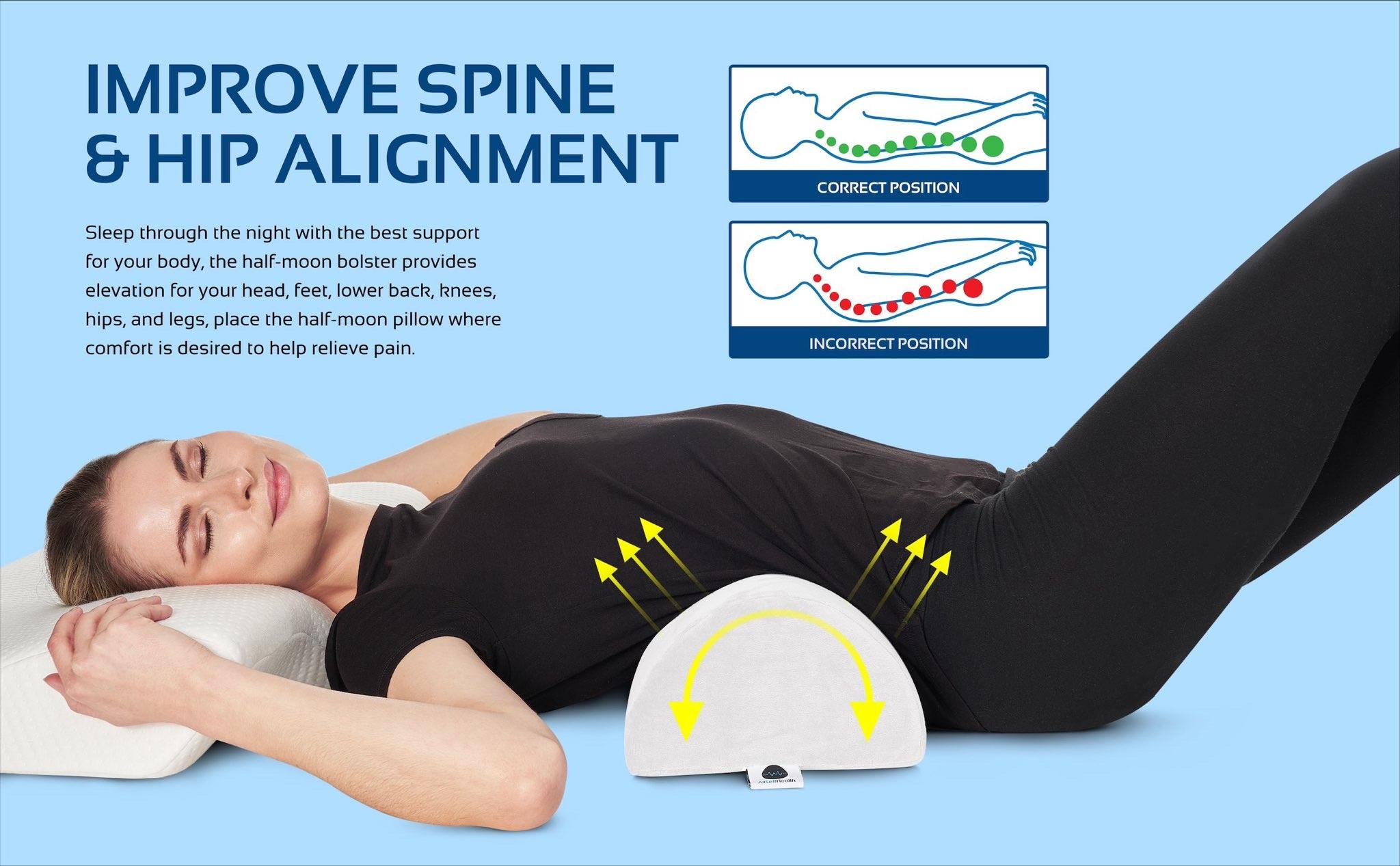 Health Large Half Moon Bolster Pillow for Legs, Knees, Lower Back and Head, Lumbar Support Pillow for Bed, Sleeping | Semi Roll for Ankle and Foot Comfort - Machine Washable Cover, White