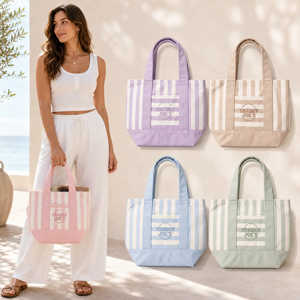 Pastel Striped Mini Tote Bag for Women, Heavy Duty Canvas Shoulder Carryall with Front Pocket for Groceries, Work & Travel, Tote Bags, Shoulder Strap, Mini Travel Products