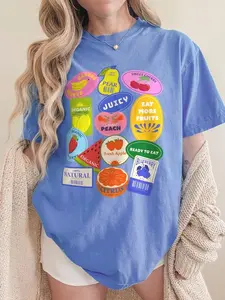 Comfort Colors Fruit Stickers Graphic Tee, Playful Preppy Summer Shirt, Aesthetic Vintage Fruit Label T-Shirt, Trendy Oversized Summer Fruit Sticker Design, Premium Garment Dyed Tropical Aesthetic Apparel
