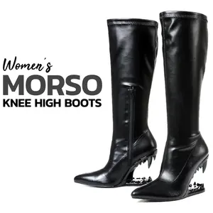 Morso Knee High Boots For Women Pointed Toe Wedge Shark Teeth Heel Side Zipper Pull On Party Date Dress Trendy Tall Boots