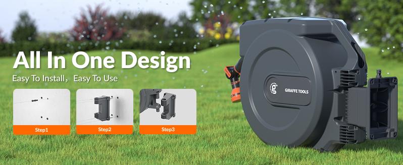 Giraffe Tools Retractable Garden Hose Reel 90ft Garden Water Hose Reel with Metal Bracket, Automatic Rewind System, 3-layer-hybrid hose, Lock at any lenghth Tangle-Free Kink-Free, 9-Pattern Nozzle, 180° Swivel Bracket Wall-Mounted