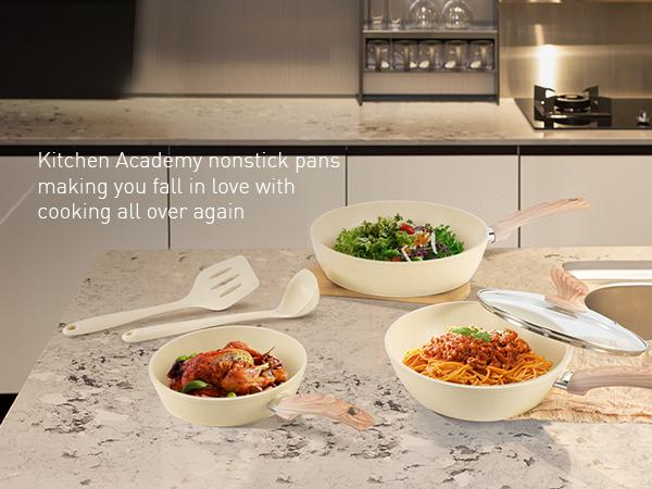 [New Colors] Kitchen Academy 12 Piece Nonstick Pots and Pans Set, Non Stick Induction Cookware Set, Kitchen Cooking Set, Frying Pans Saucepans, Silicone Steel Aluminium Glass Lid Stove