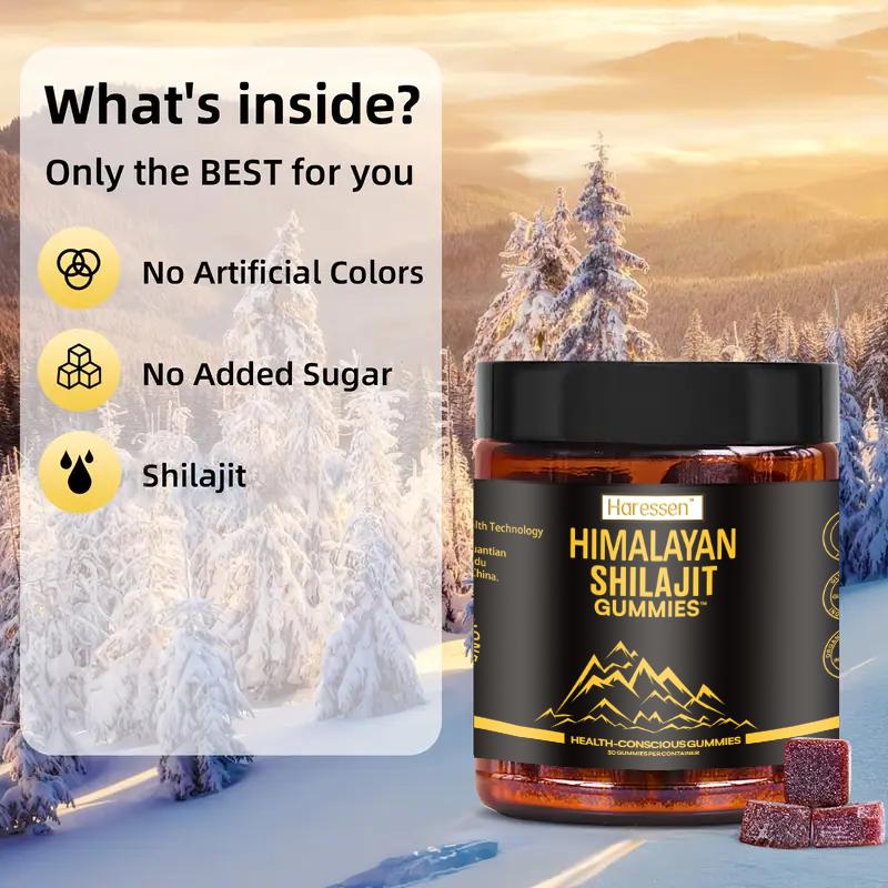 Haressen Himalayan Shilajit Gummies with Ashwagandha Gokshura Fulvic Acid 85 Trace Minerals No Added Sugar 30 Gummies for Men Women Authentic Pure Health-Conscious Edible Supplement