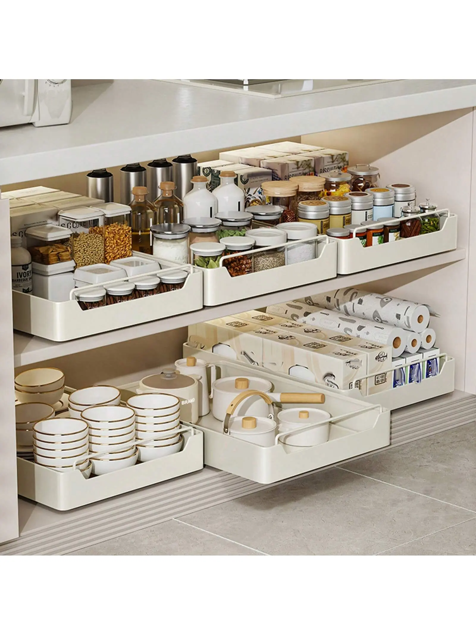 Garvee Pull Out Cabinet Organizer  Slide Out Drawers With Nylon Adhesive Heavy Duty Roll Out Shelves Slide Out Shelves For Living Room  Kitchen  Bathroom  Pantry White 40cm