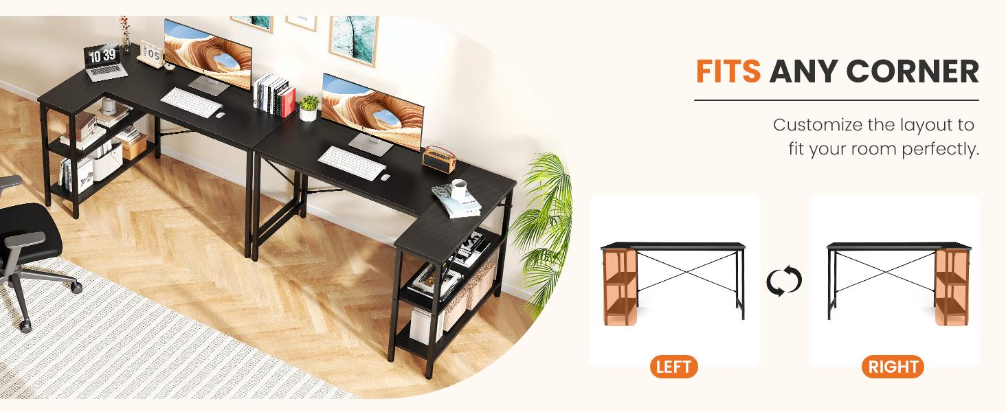 Sweetcrispy L Shaped Desk Computer Gaming Furniture with Reversible Storage Shelves for Home Office PC Table Large Workspace Robust Stability Adjustable Feet