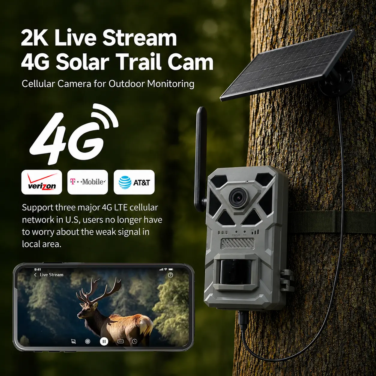 2K HD Solar Powered Wireless 4G LTE Cellular Trail Cameras with Live Streaming, Game Camera Built-in SIM Card WiFi, Not Supported, WaterProof, 24MP Photos, 2K Videos| Motion Activated, Night Vision, Best Hunting Accessories, GPS