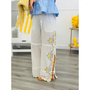 White Embroidered Scalloped Hem Pants (Reg & Plus)