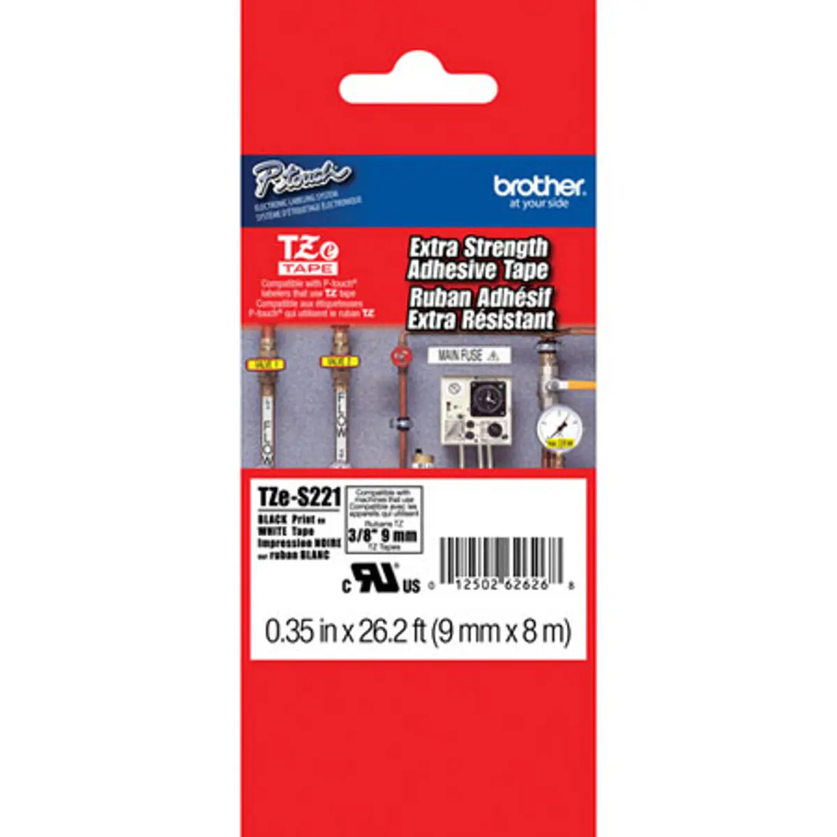 Brother TZe-S221 TZ Series Label Tape, 0.35in x 26.2ft Black On White, Extra Strength Adhesive for Office Labeling