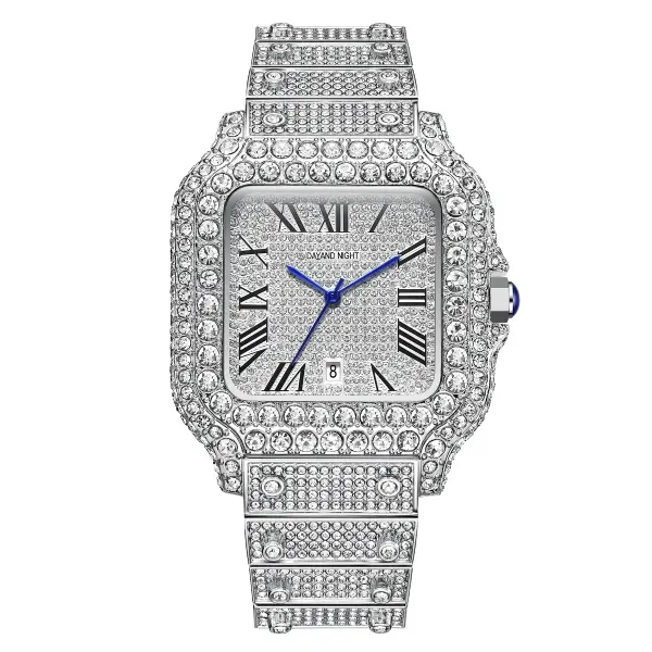 Dayand Night Luxury Iced-Out Moissanite Watch, Silver Roman Numeral Quartz Fashion Accessory for Couple, Ideal for Business or Daily Wear, Couple Accessories, Accessories For Women