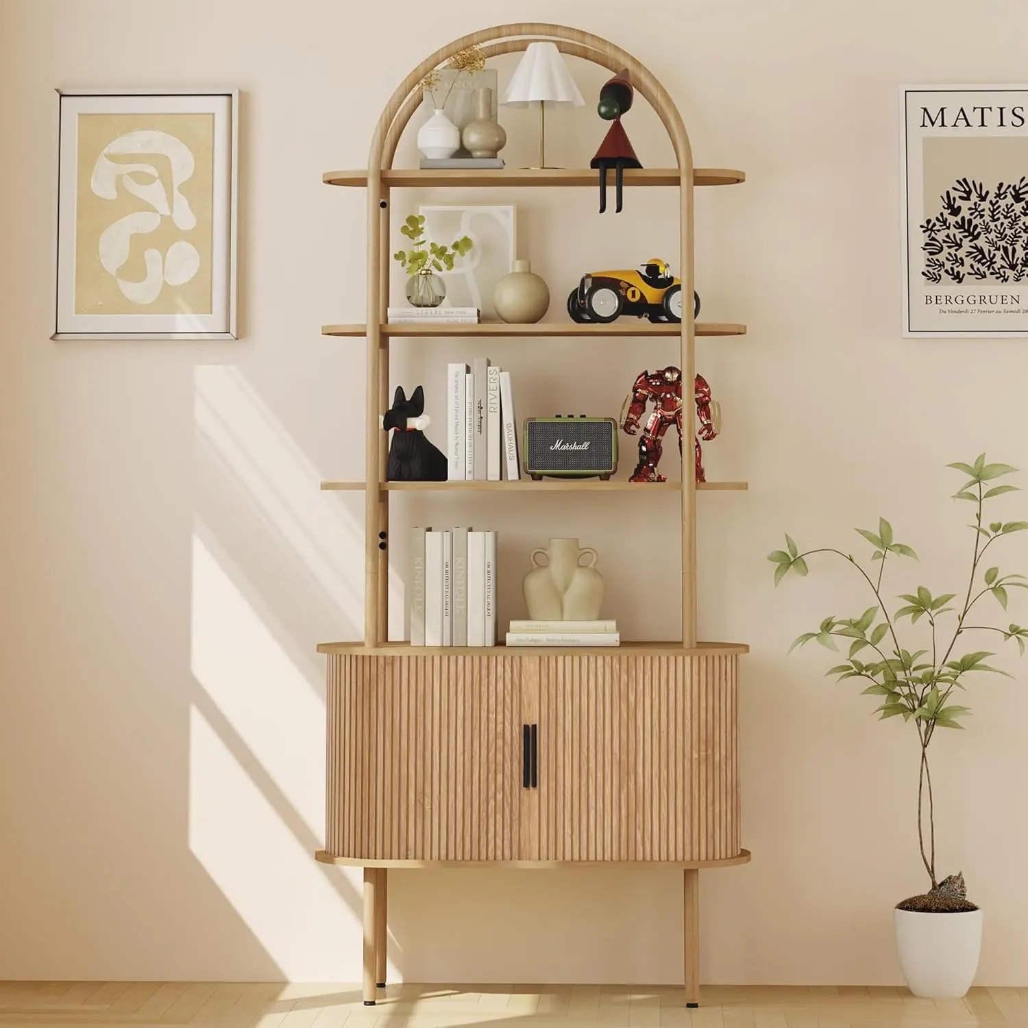 FurSch 71" Tall Fluted Arched Bookshelf with Sliding Tambour Doors, Mid Century Modern Curved Bookshelf Cabinet with Storage, 4-Tier Open Display Storage Shelf for Home Office, Living Room