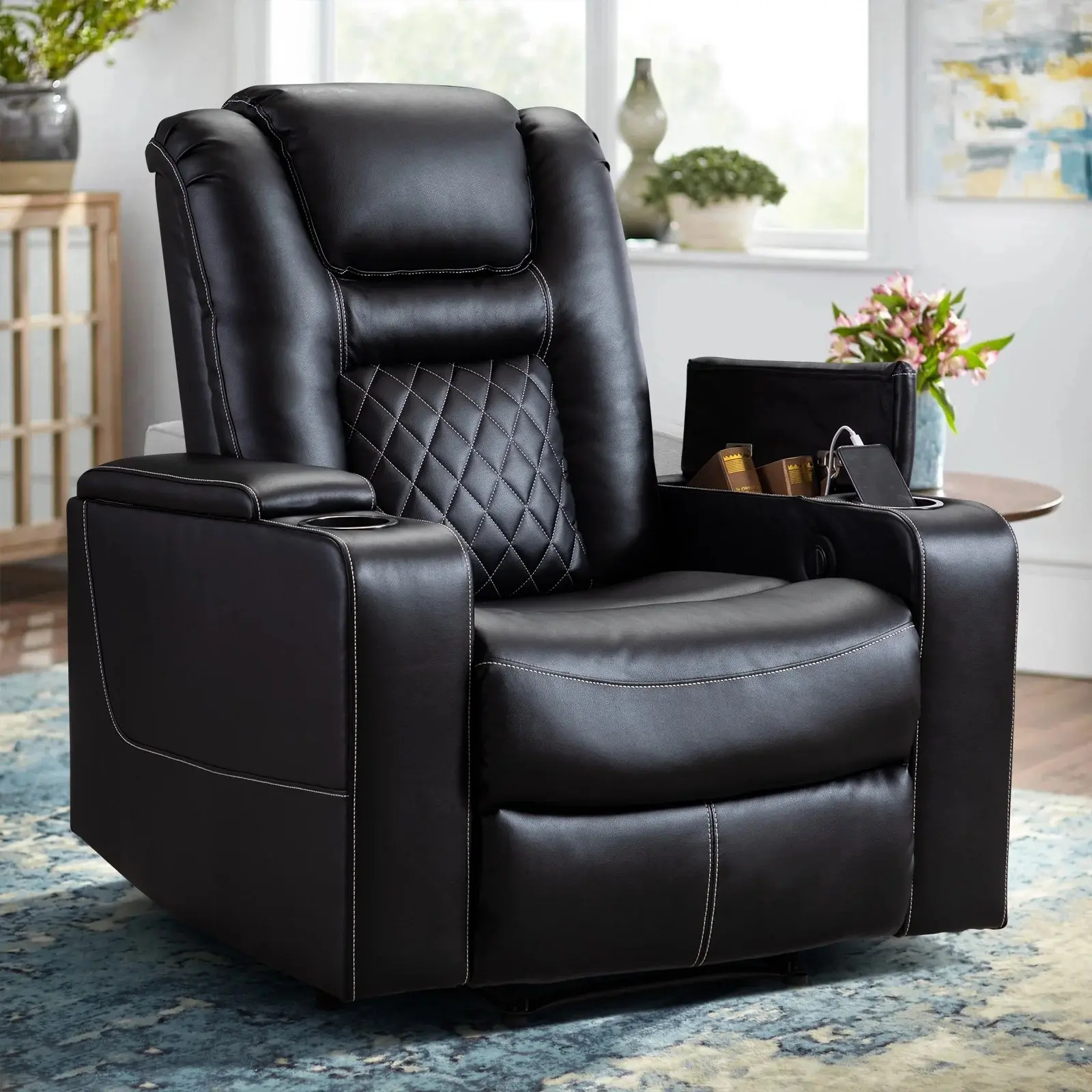 [DealsForYouDays] Ebello Power Electric Recliner Chair with USB Ports and Cup Holders Leather Home Theater Seating, Living Room Chair Black Adjustable Chaise Lounge