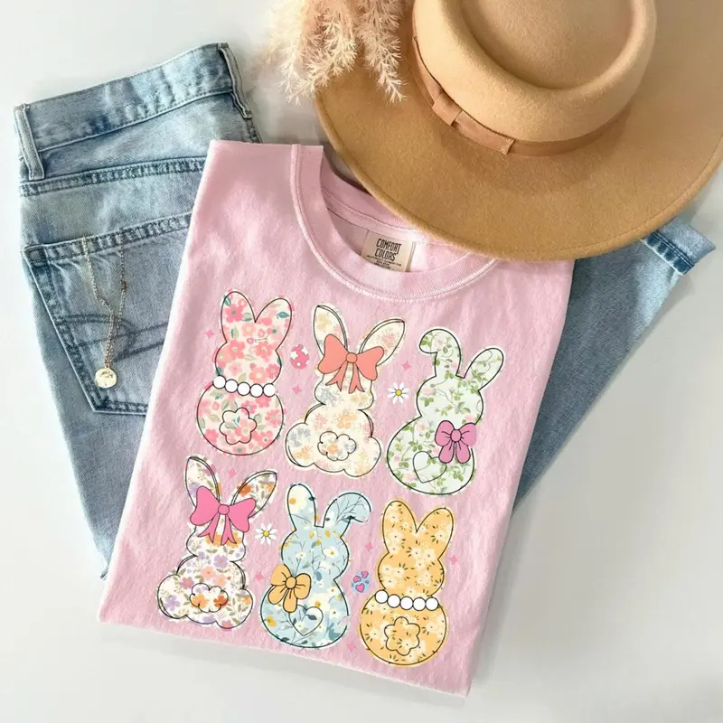 Comfort Colors Coquette Easter Bunny Floral TShirt, Easter Bunny T-Shirt, Coquette Easter Teee, Girly Easter Kids Bow, Retro Easter TShirt