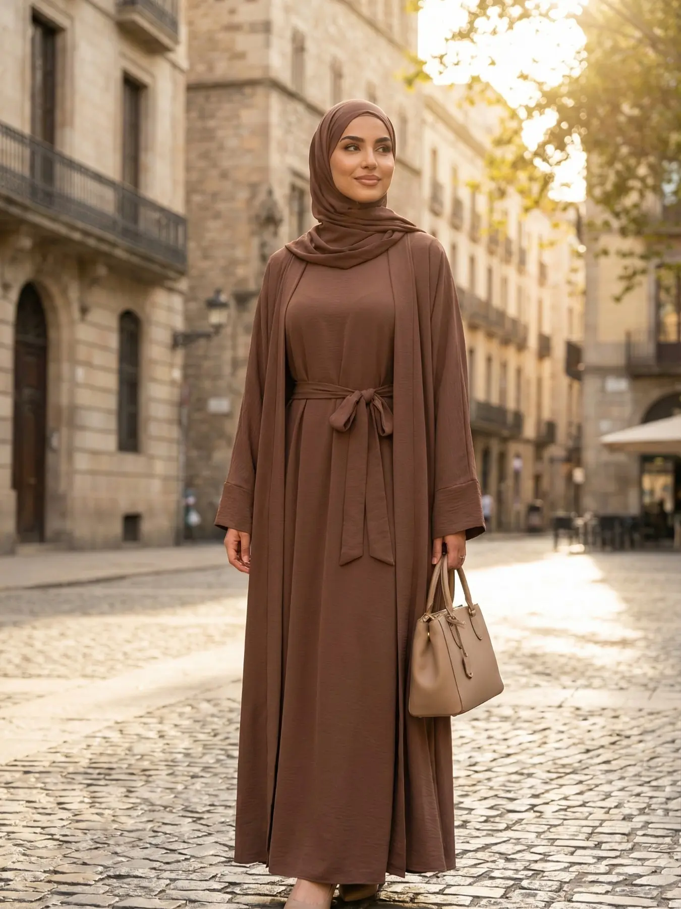 Women's Spring & Fall Casual Long Robe Dress Set, High-End Texture Pure Color Vest + Loose Fit Modesty Muslim Clothing Abaya Hijab Set, Islamic Modesty Clothes