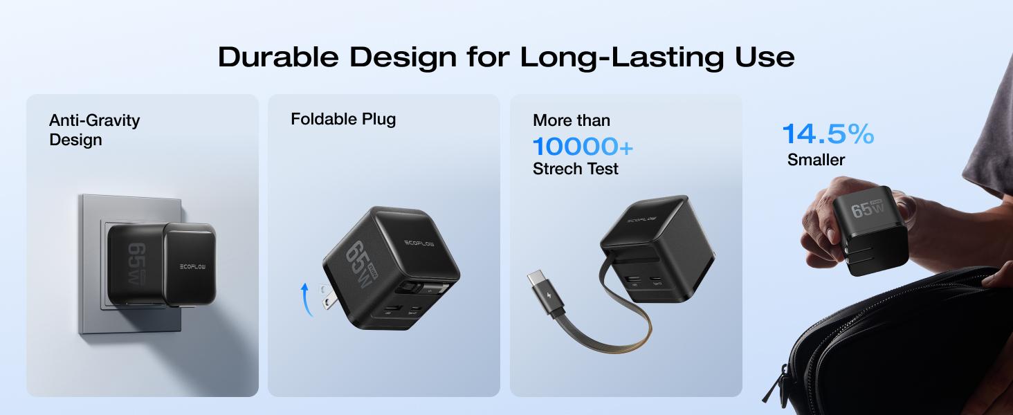 EF ECOFLOW 65W USB C Charger with Retractable Cable, 3-in-1 Phone Charger with Type C Cable, 2-Port Fast Charger Compatible with iPhone 16 Pro Max, iPad Pro/Air, Galaxy S25, Steam Deck (White) Electronic Cellphone iphone charger