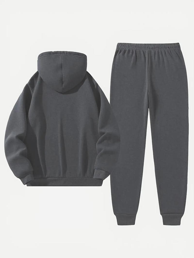 Men's sports two-piece hooded sweatshirt and pants set - gray with black logo, non stretch fabric, regular style, pocket, suitable for autumn and winter, casual wear | hooded sweatshirt | pocket pants, sweater hooded sweatshirt