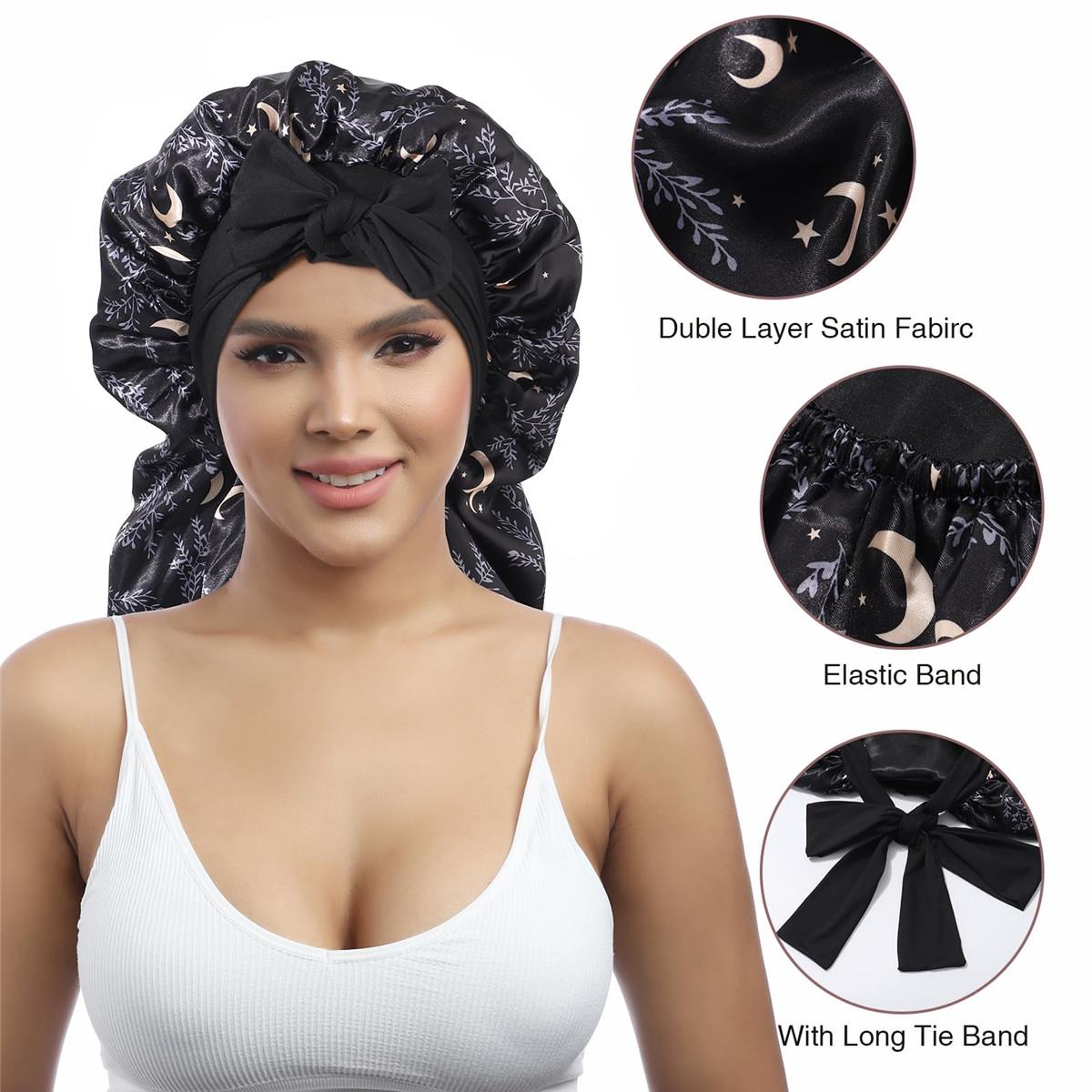 Double Layer Satin Bonnet for Sleeping - Silk Like Texture, Elastic Tie Band, Curly Hair Nightcap, Smooth Haircare, Reusable, 100% Polyester, 55cm Cap Circumference, 94cm Length, 35cm Width, 61cm Rope Length, 6.5cm Rope Width
