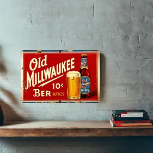 Vintage Milwaukee Beer Metal Sign - 12x8" Aluminum Wall Decor with "Old Milwaukee 10oz Beer" Design, Fatigued Red & White Beer Mug Illustration, Perfect for Home, Bar, Coffee Shop,