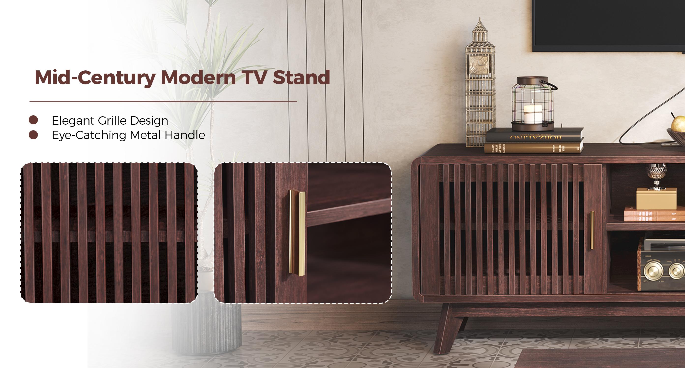 IRONCK 63'' TV Stand for TVs Up to 70", TV Console with 2 Sliding Doors in Grille Design and Charging Station, Mid Century Modern Entertainment Center with Storage for Living Room