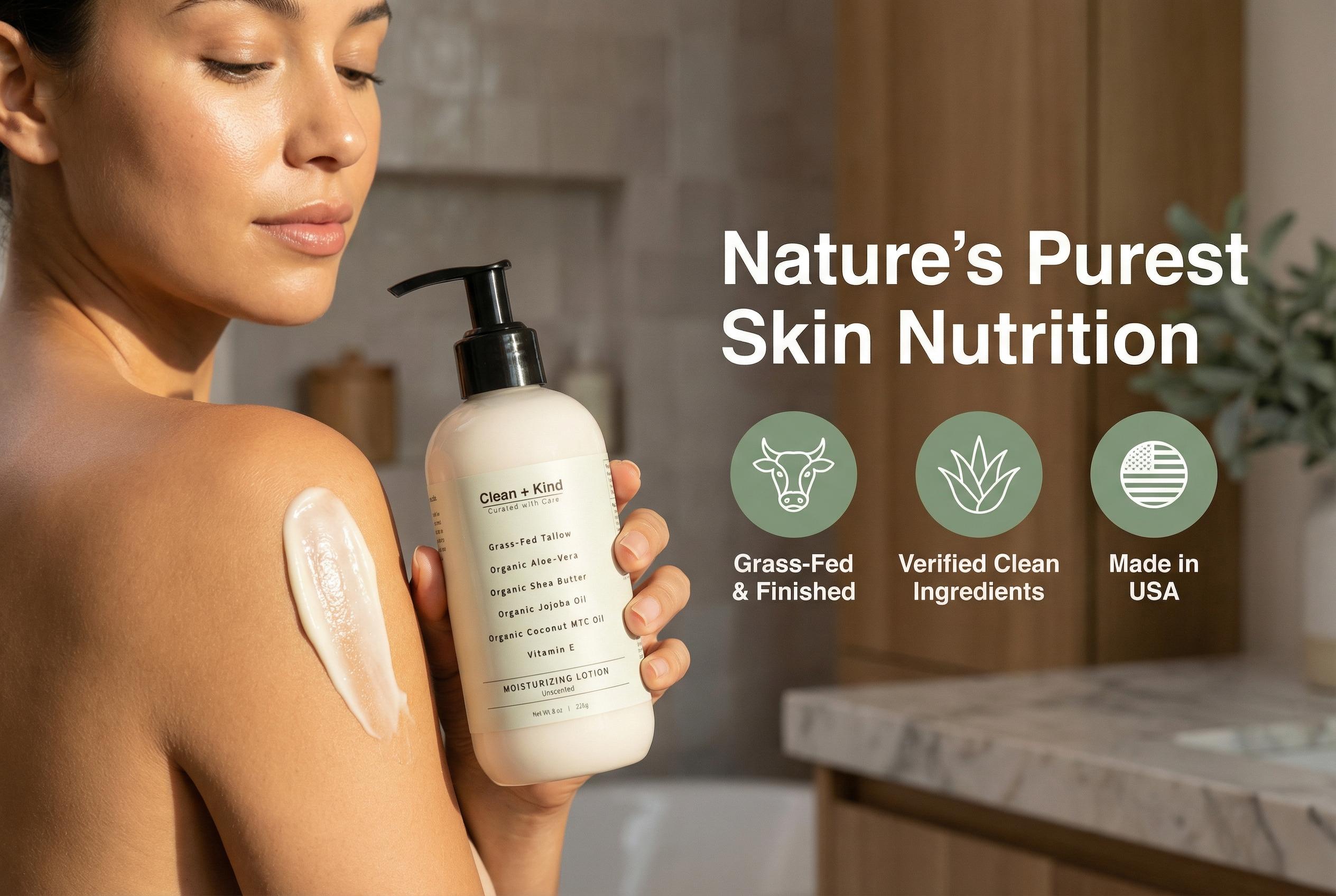Clean + Kind Unscented Daily Moisturizing Lotion 8 oz | Vanilla, Lemongrass & Unscented | Tallow, Jojoba Oil, Vitamin E, Aloe Vera | Deep Hydration & Skin Barrier Support