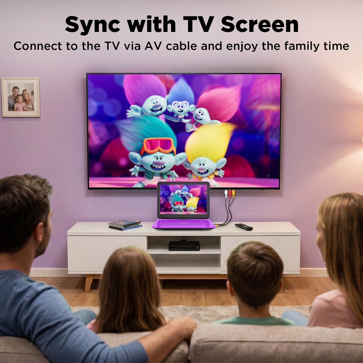 14.9" Portable DVD Player  Swivel HD Screen, CD Player, Dual Speakers, 6H Rechargeable Battery, Region Free, Remote Control, TV Sync, USB/SD Multi-Format Support (No Blu-ray)