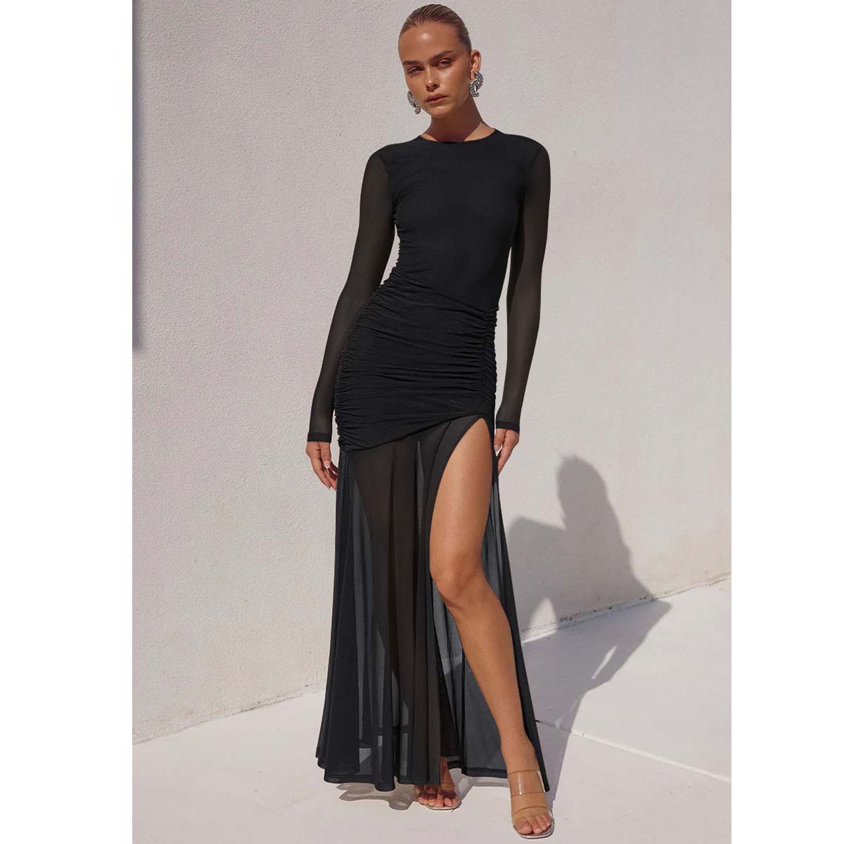 Aprilake Women's Elegant Mesh Long Sleeve Bodycon Ruched High Split Flowy Long Maxi Dress