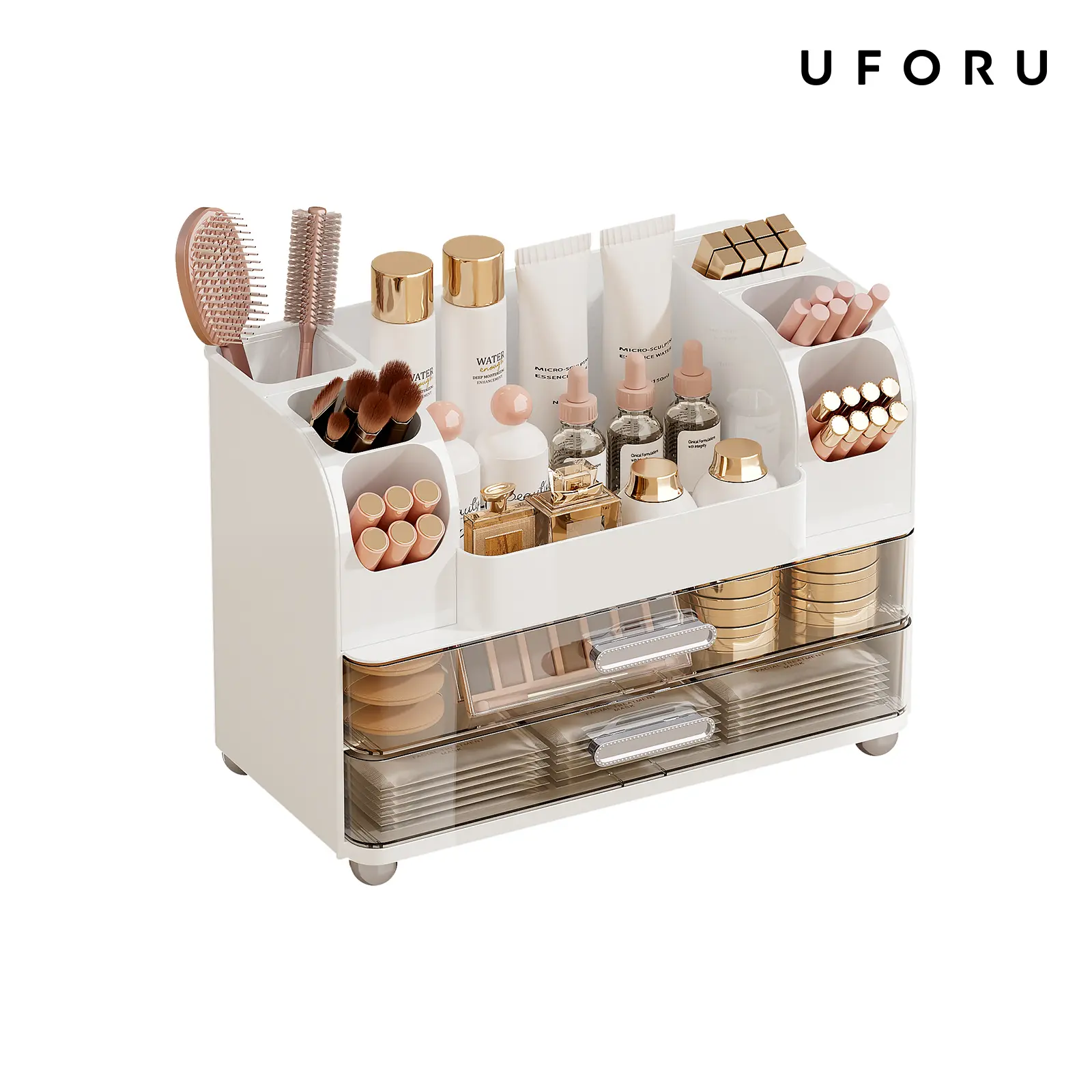 UFORU Makeup Organizer Box - Durable Storage Organizer for Vanity Organization, 2 Large Drawers, Brush Holders, Bathroom Countertop Skincare & Desk Office Supplies Pink Jewelry Storage Gift,dorm room inspo,college dorm essentials,dorm haul