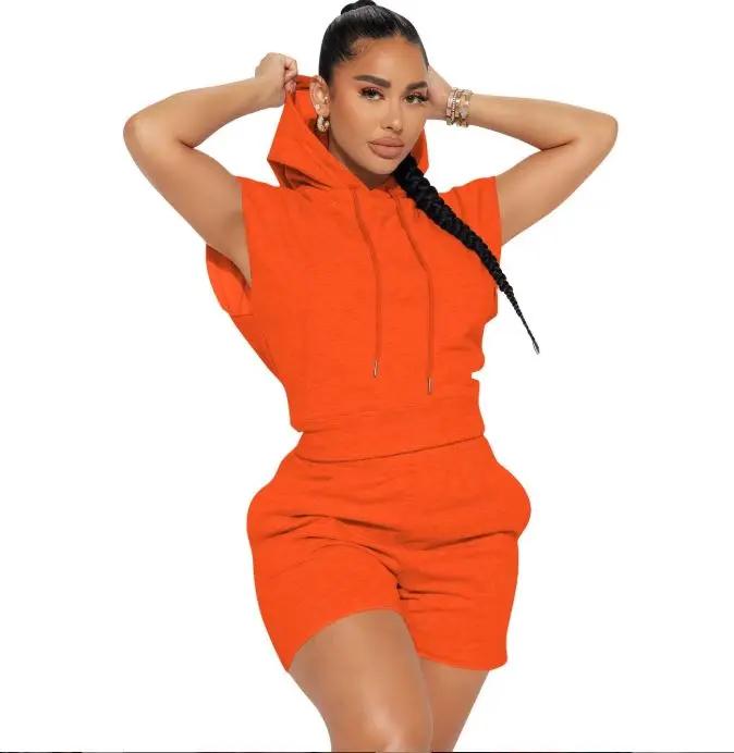 Women's Summer Casual Sleeveless Hooded Top and Shorts 2 Piece Sports Set For Female