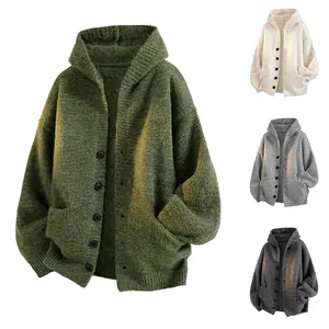 Men's Mohair Hooded Cardigan Sweater Loose Slouchy Knit Coat for Fall Winter