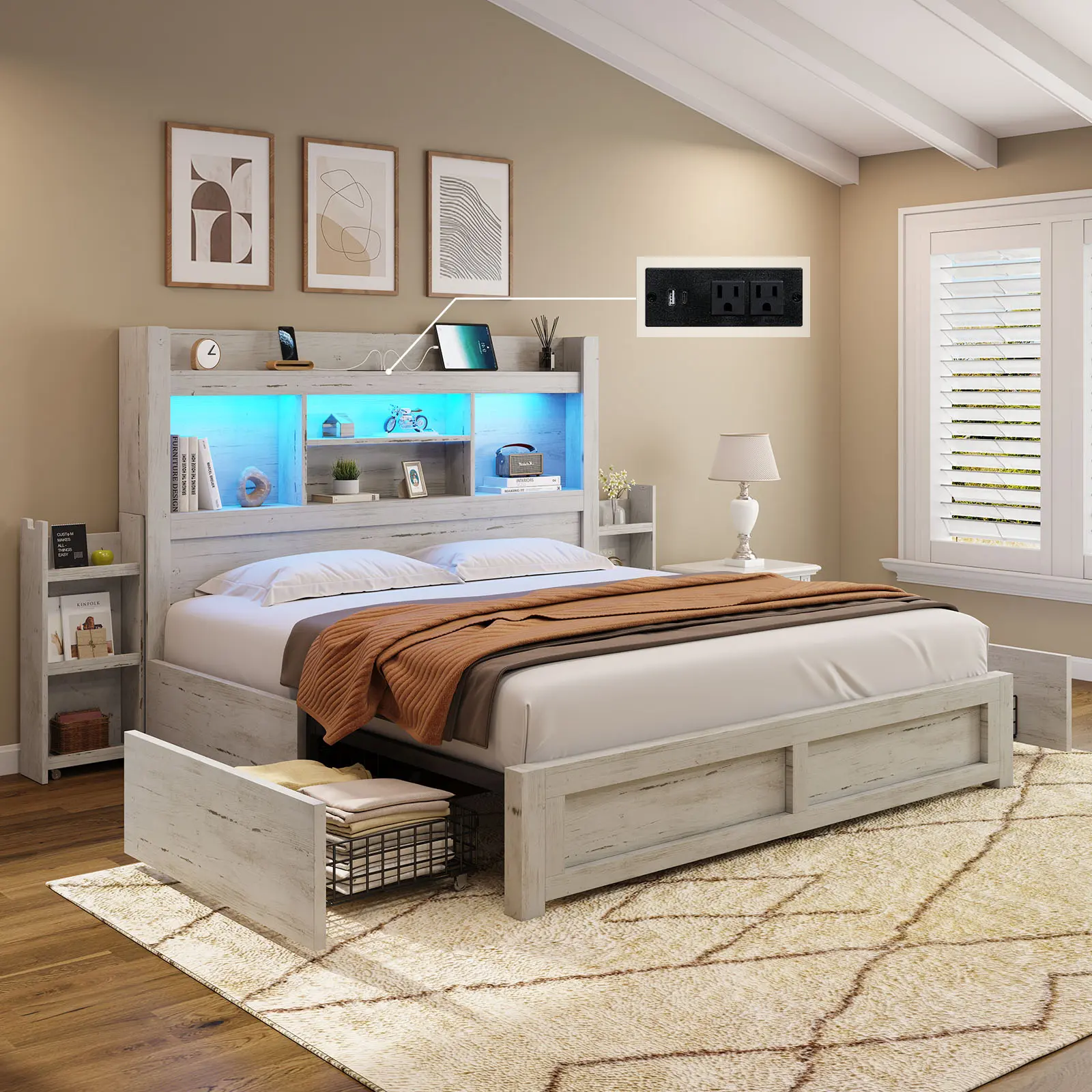 [Ships in 2 Boxes] AMERLIFE LED Bed Frame with 49.6"Tall Bookcase Headboard&4 Storage Drawers, Platform Bed with Charging Station&2 Slide Bedside Shelf, Apartment Furniture/Unique Bedroom Furniture/Christmas Gifts[tiktokshopbacktoschool][SohoChic]