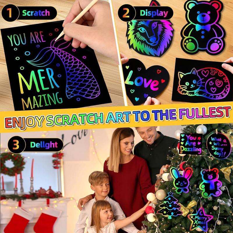 50 Pcs Scratch Art for Kids, Rainbow Scratch Paper, Black Magic Scratch Off Craft Set for 3 4 5 6 7 8 9 10 Years Old Girls and Boys Kids, Party Games Christmas Birthday Easter Gifts