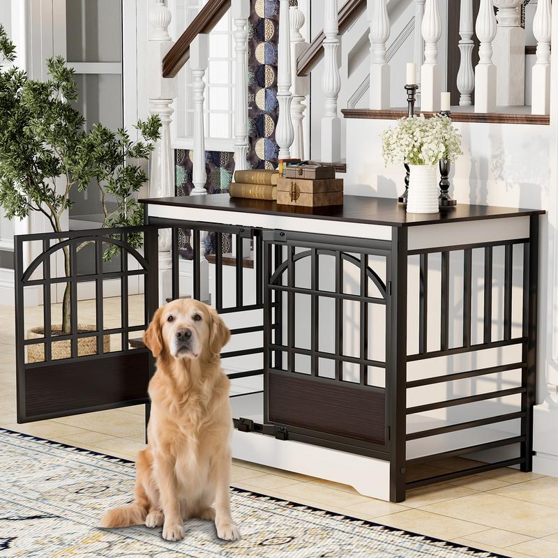 COZPAW Heavy Duty Dog Crate Furniture, 52/78/86 Inch Wooden Dog Kennel Indoor for XLarge Breed, Dog Crates for Large Dogs with Double Doors, Decorate as House TV Stand, End Table-White Brown