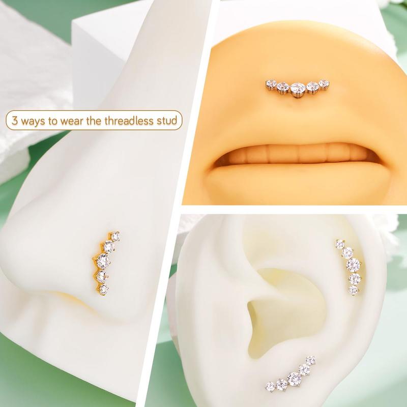 Oufer 16G Threadless Push Pin Flat Back Cartilage Stud Earring with Sparkling Rhinestones 316L Stainless Steel Hypoallergenic Fashionable Jewelry Gift