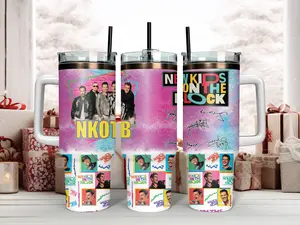 The Ultimate Blockhead Gift!  NKOTB 40oz Tumbler with Handle | Retro Boy Band Photo Collage & Signature Travel Mug | High Quality Insulated Fan Merch