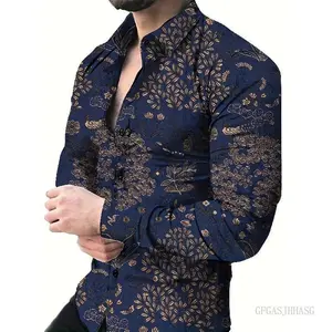 [Elegant Floral Print Shirt] Long Sleeve Elegant Floral Print Shirt - Men's Casual Polyester Blend, Machine Washable, Ideal for Spring/Fall