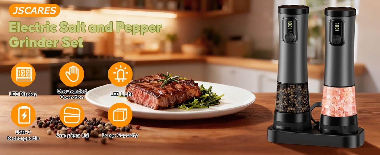 Automatic Pepper Grinder with Storage Base Electric Salt and Pepper Grinder Set Rechargeable Salt Mill with LED Power Display with Kitchen Light