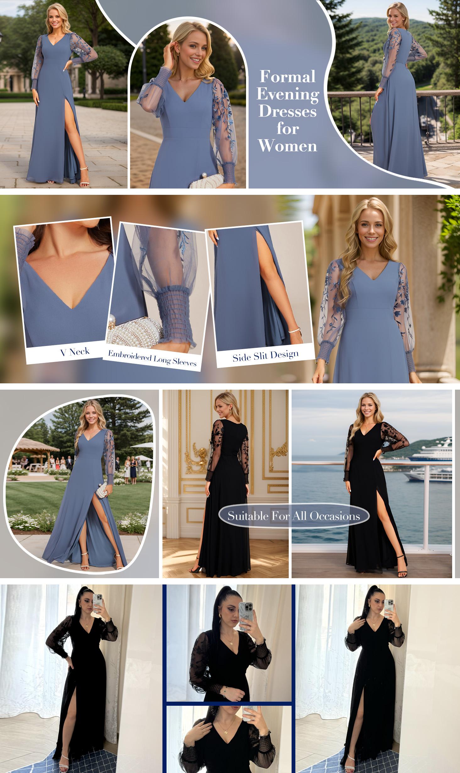 Ever-Pretty Fall See-Through Long Sleeve V-Neck High Slit Chiffon Formal Evening Dress for Women ,party dress,formal dress- Comfortable and Stylish Wear - Womenswear 02251