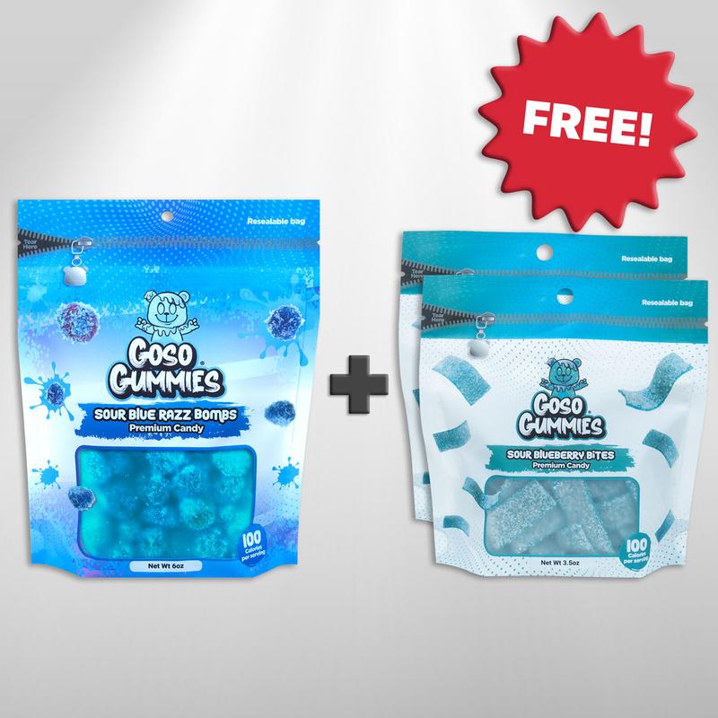 Goso Gummies Sour Blue Razz Gusher Bombs + 2 FREE Sour Blueberry Bites Bags - Viral Candy Deal – Free Gift Goso Gummies Sour Blue Razz Gusher Bombs + 2 FREE Sour Blueberry Bites Bags - Viral Candy Deal – Free Gift